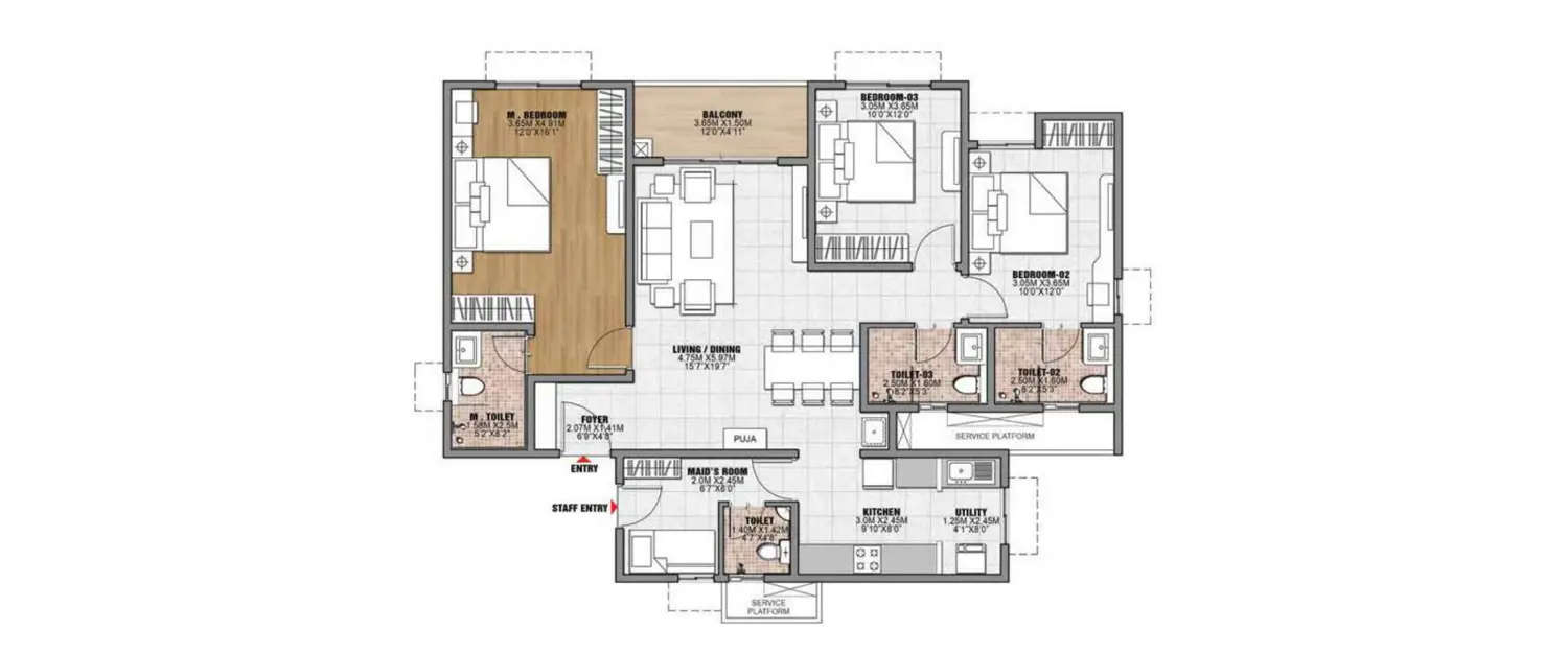 Floor plan for 3 BHK