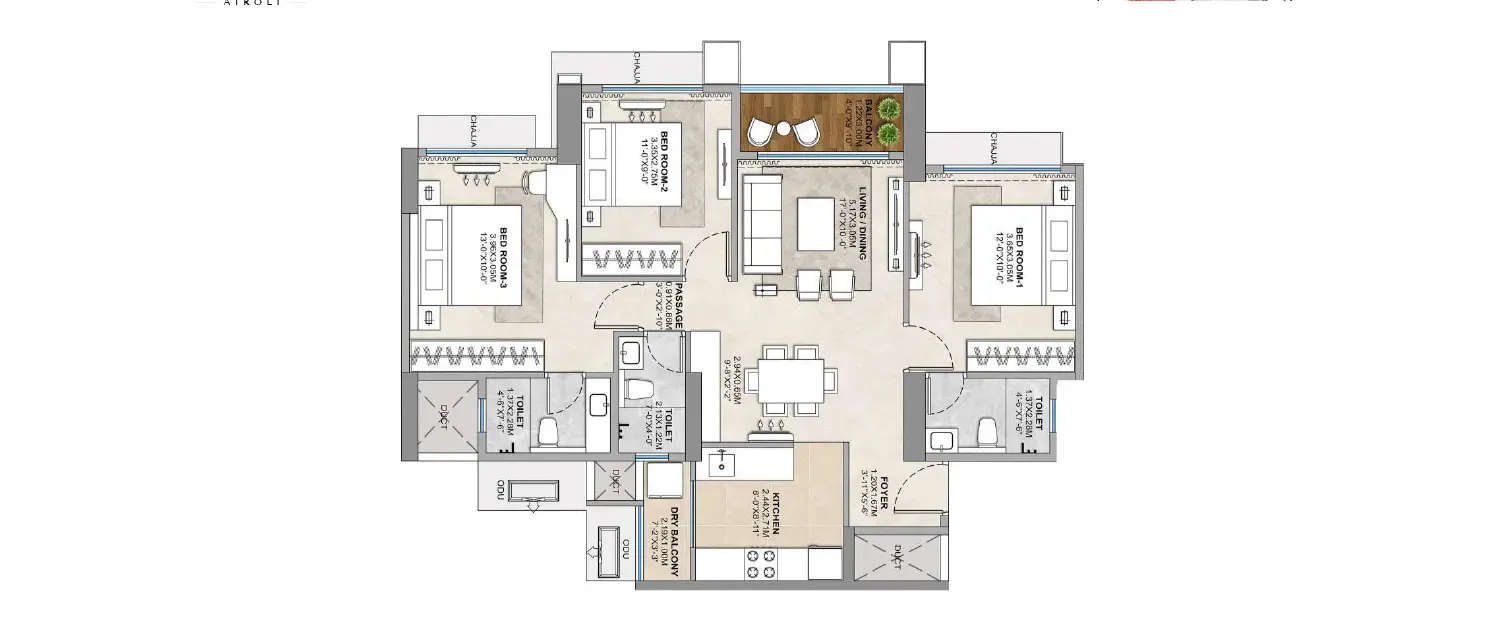Floor plan for 3 BHK