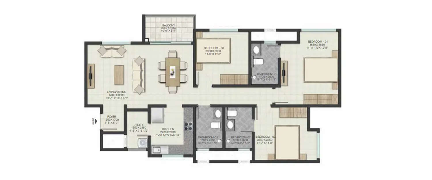 Floor plan for 3 BHK