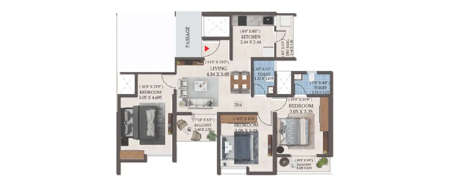 Floor plan for 3 BHK