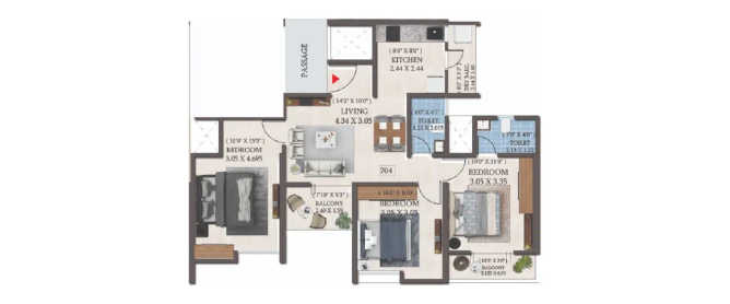 Kolte Patil Equa Wagholi - Floor plan 3 BHK 784 Sq.ft