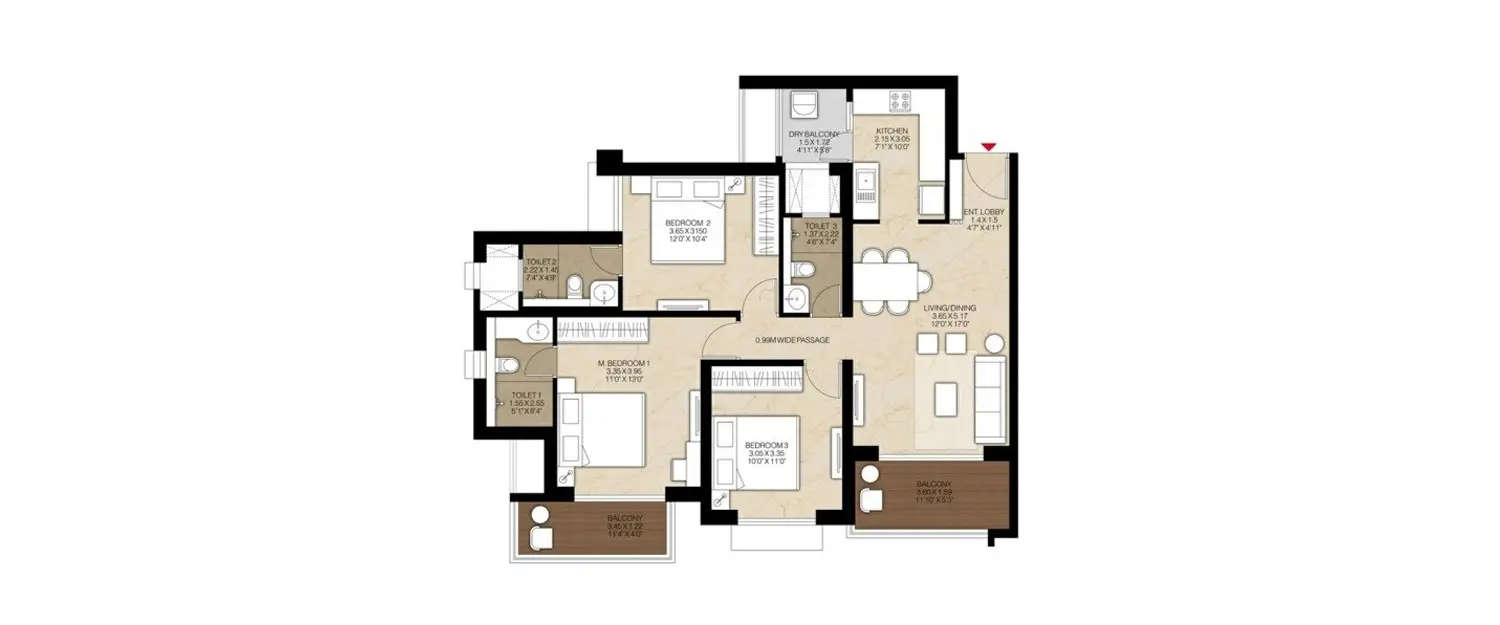Floor plan for 3 BHK