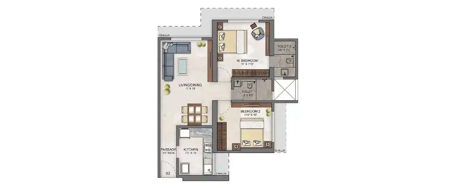 Floor plan for 2 BHK