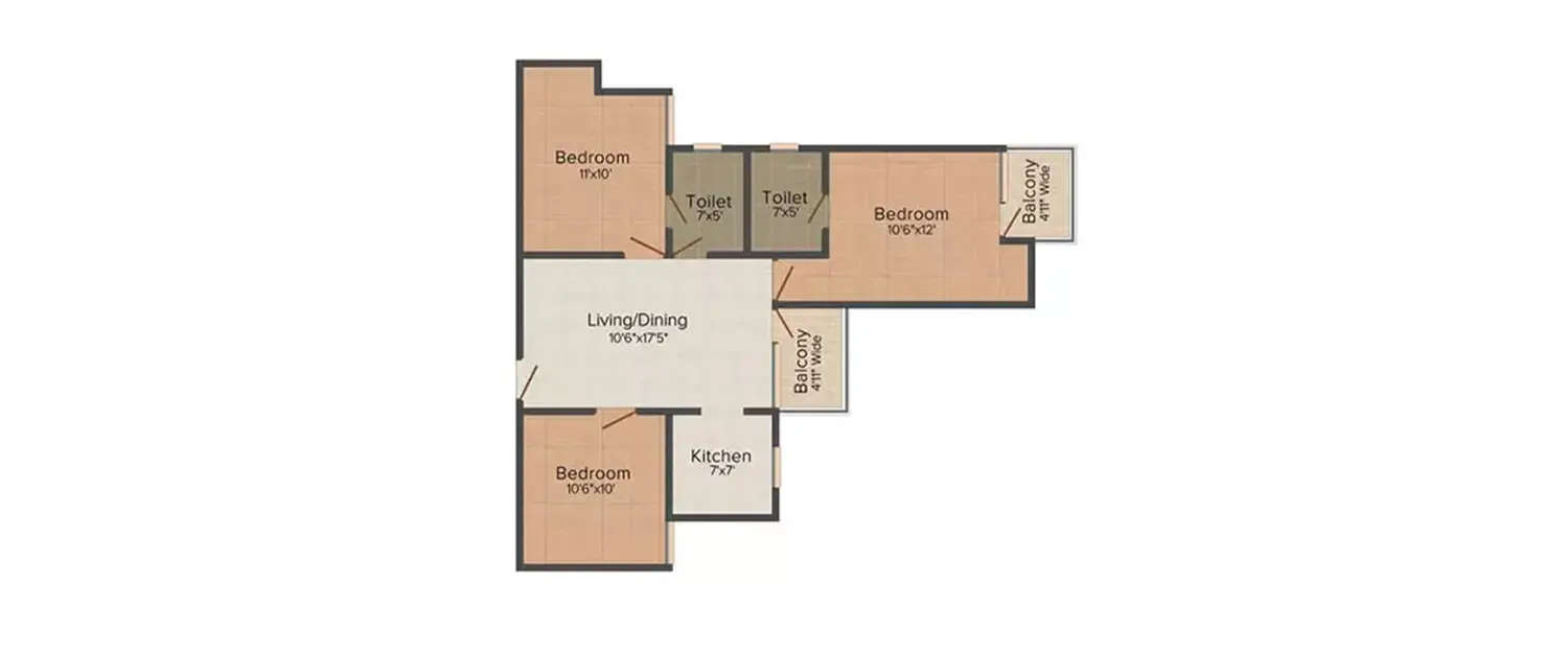 Floor plan for 3 BHK