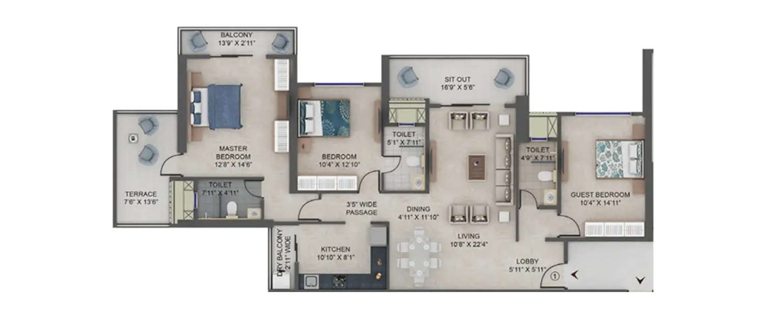 Floor plan for 3 BHK