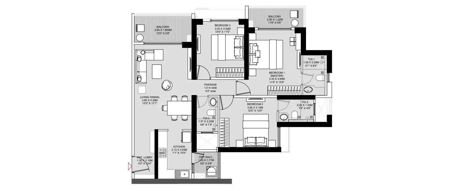 Floor plan for 3 BHK