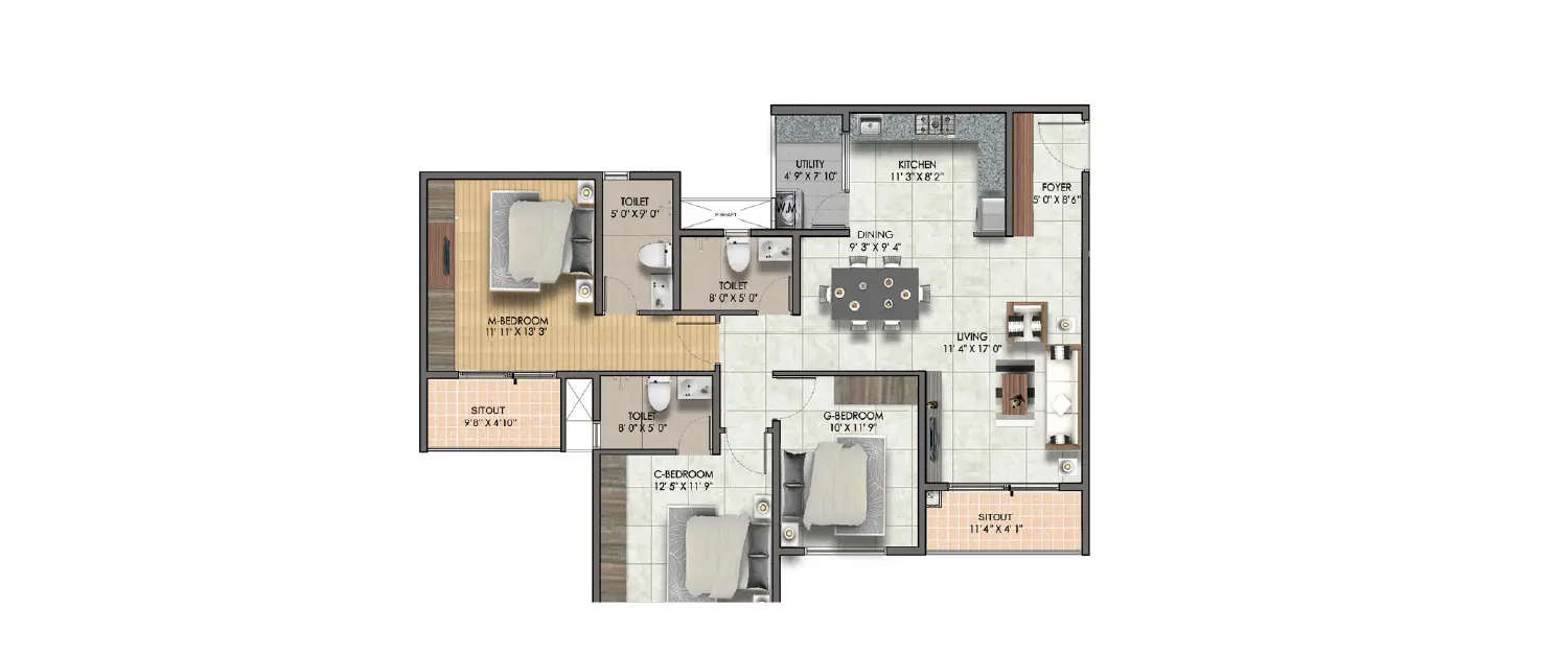 Floor plan for 3 BHK