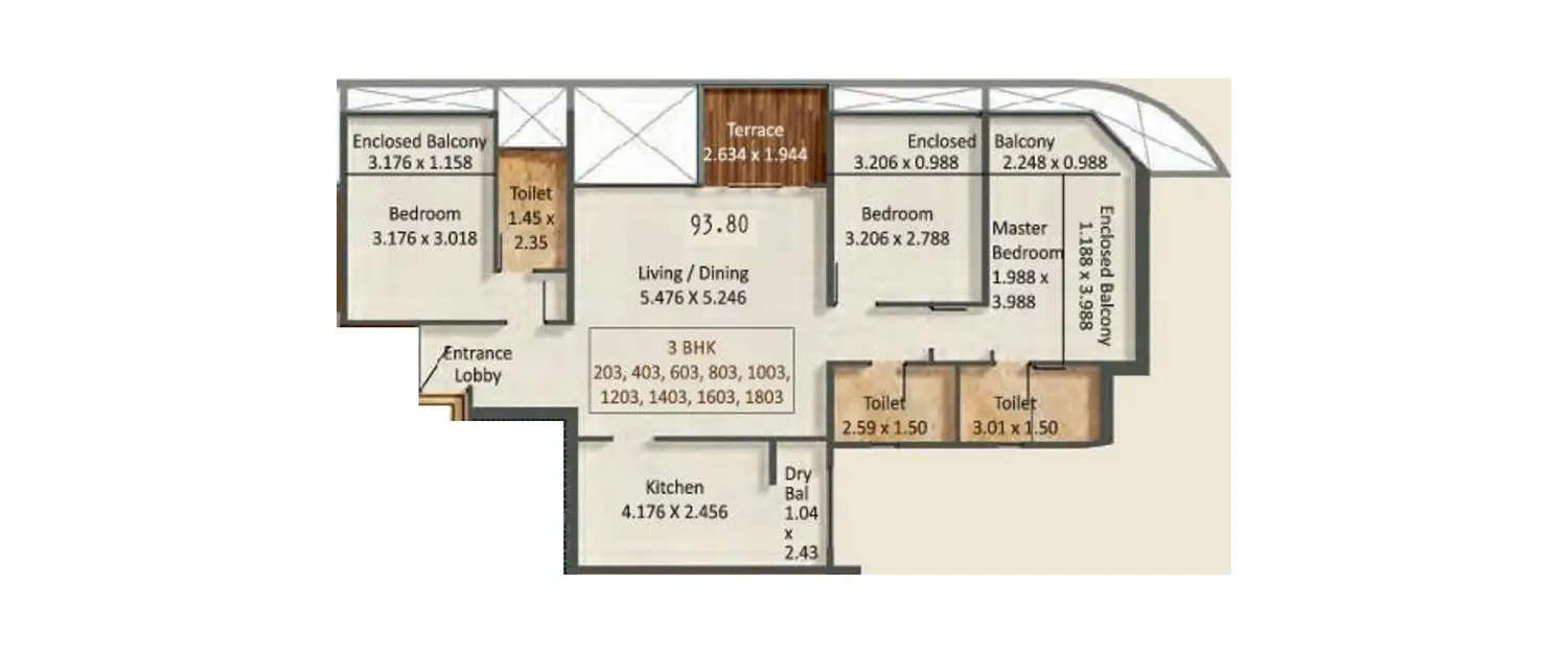 Floor plan for 3 BHK