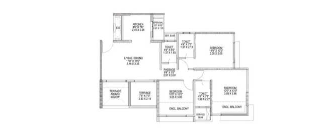 Pride Purple Park Astra Hinjewadi - Floor plan 3 BHK 734 Sq.ft