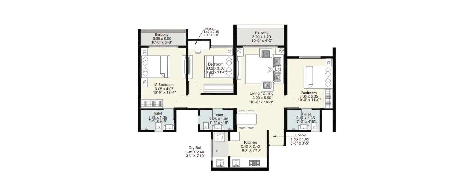Floor plan for 3 BHK