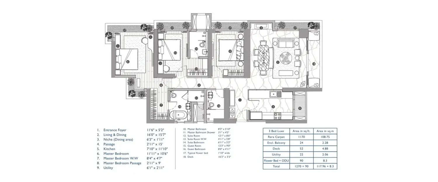 Floor plan for 3 BHK