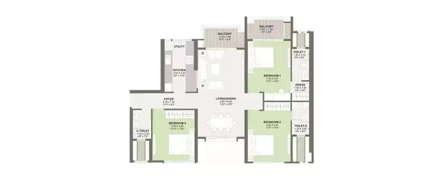 Floor plan for 3 BHK