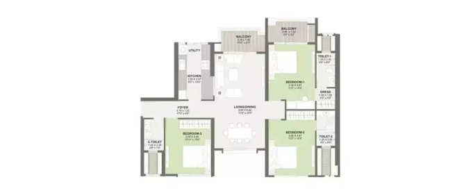 K Raheja Reserve Mohammed Wadi - Floor plan 3 BHK 1114 Sq.ft