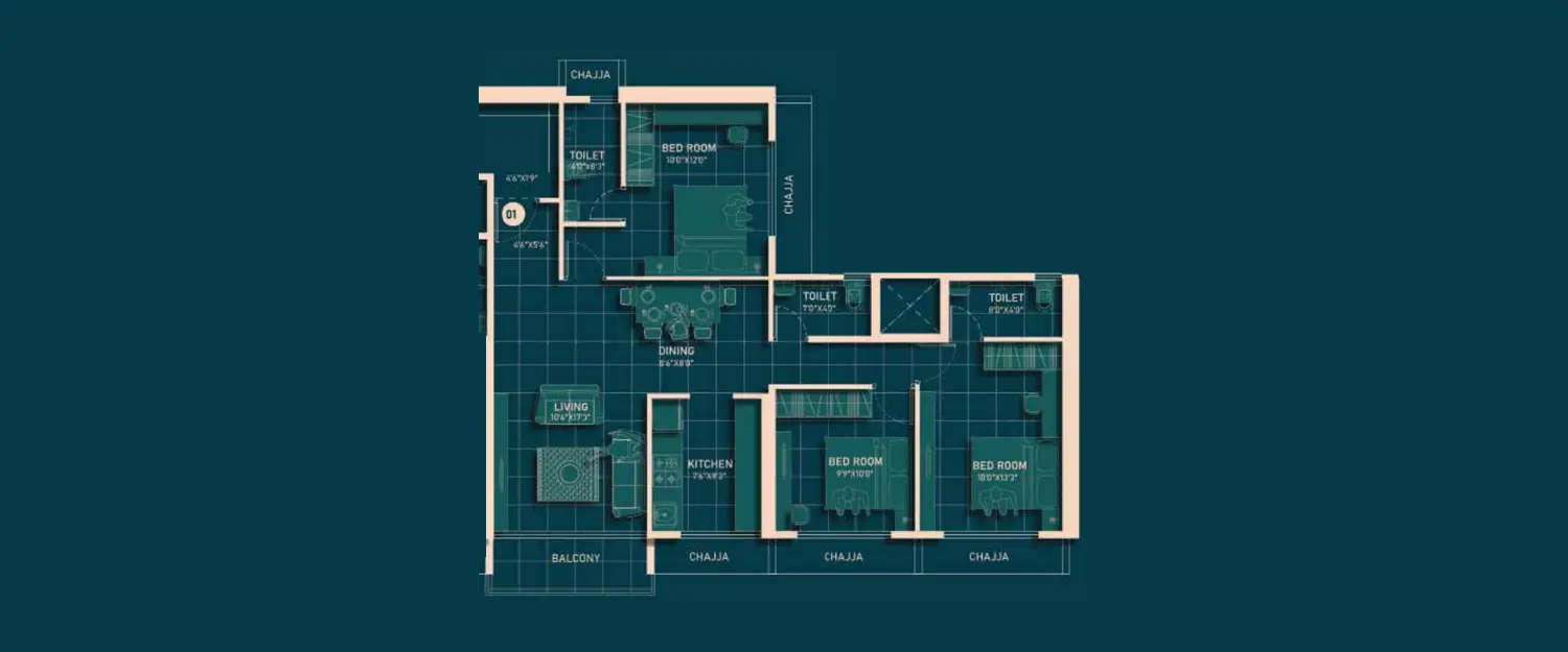 Floor plan for 3 BHK