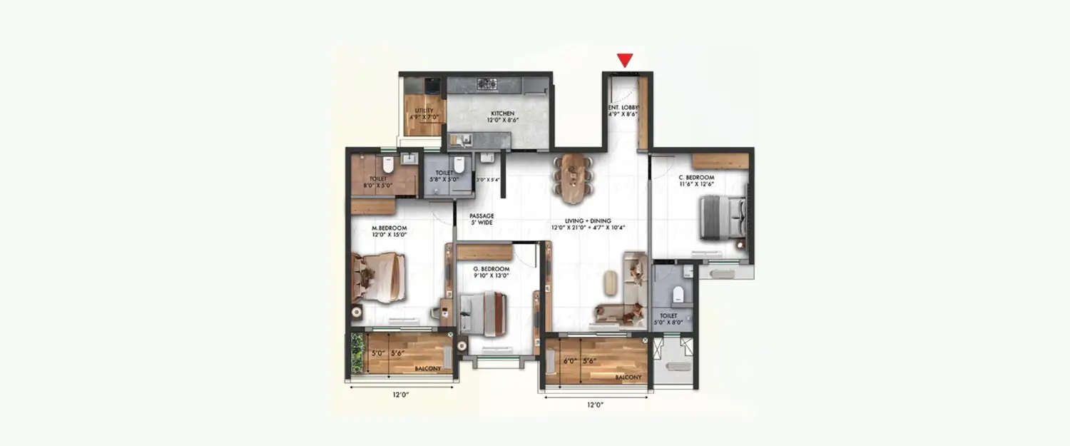 Floor plan for 3 BHK