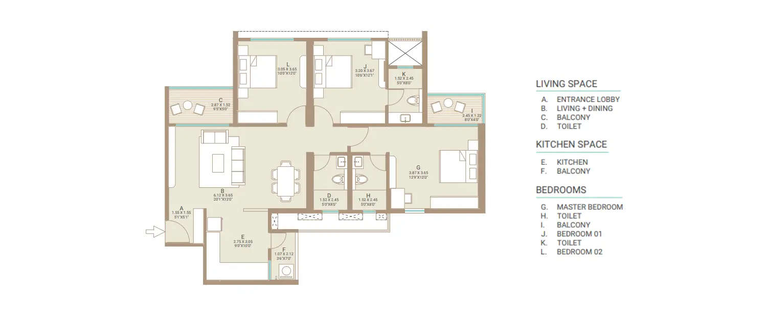 Floor plan for 3 BHK