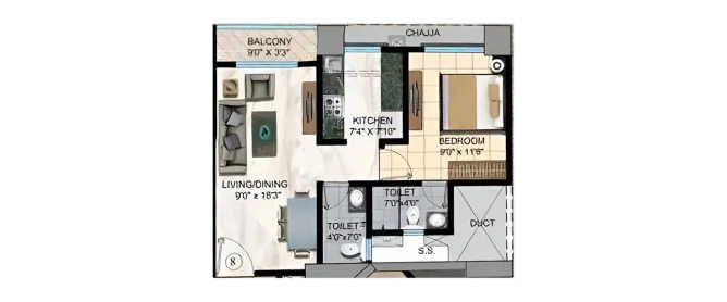 Sanghvi S3 Skyrise Mira Bhayandar - Floor plan 1 BHK 468 Sq.ft