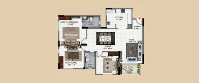 Salarpuria Sattva Exotic Dwarka Nagar - Floor plan 3 BHK 1113 Sq.ft