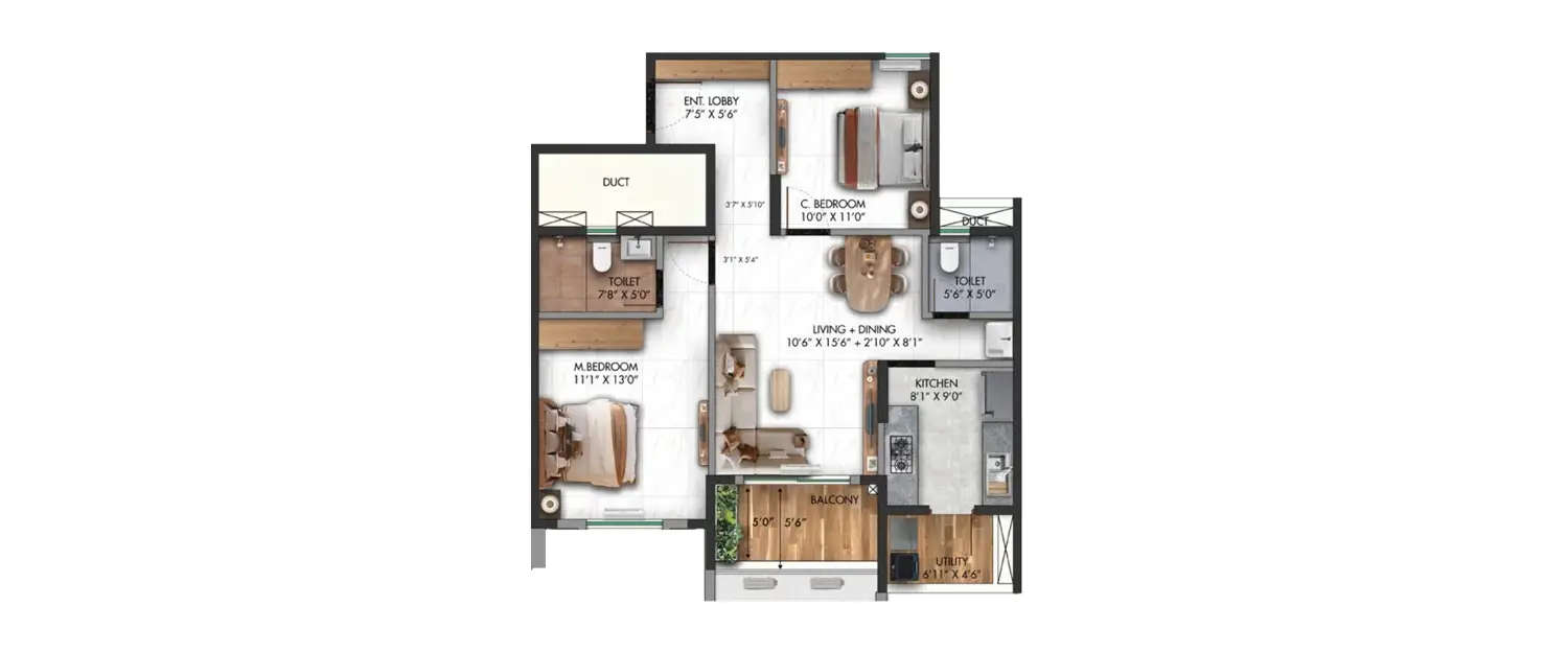 Floor plan for 2 BHK