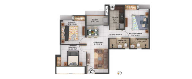 Merlin Rise Rajarhat - Floor plan 3 BHK 812 Sq.ft