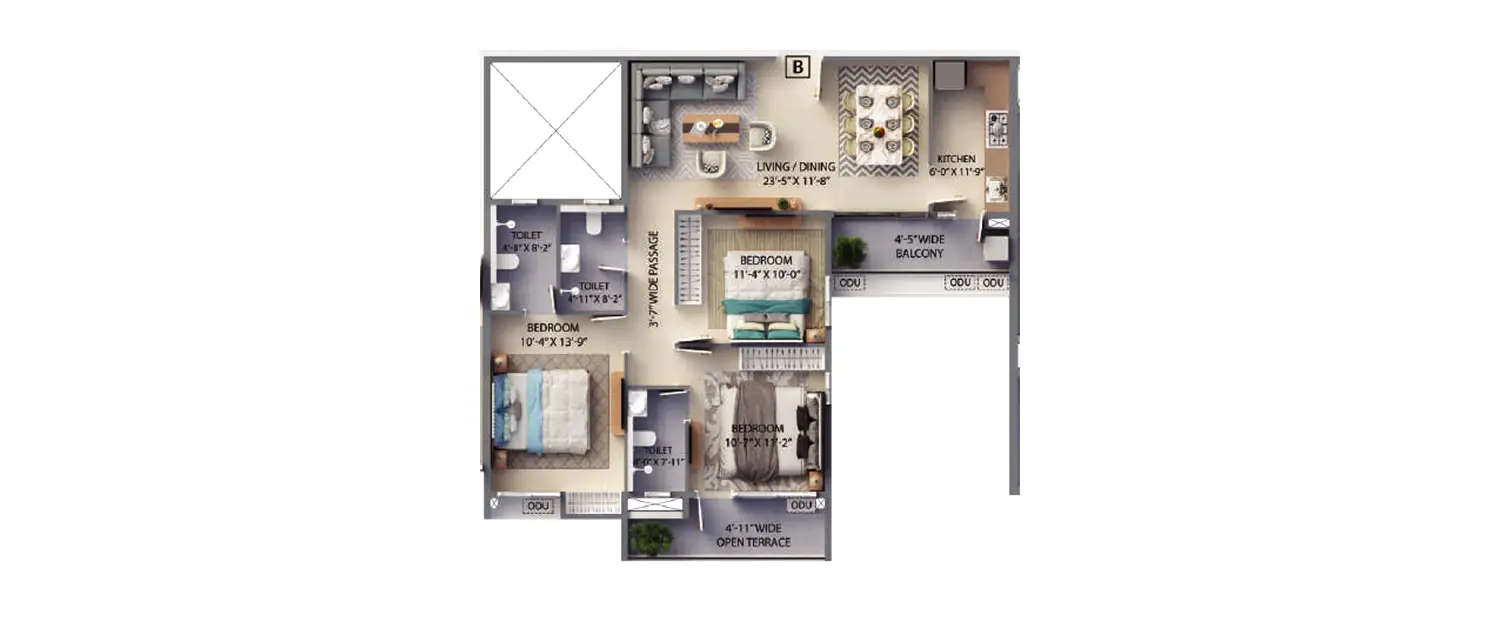 Floor plan for 3 BHK