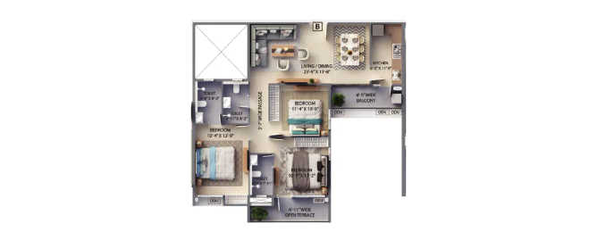 F Residences Merlin Rajarhat - Floor plan 3 BHK 1105 Sq.ft