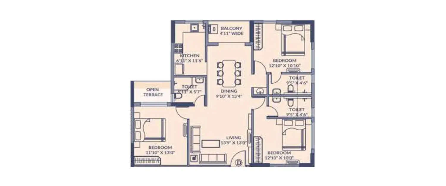 Floor plan for 3 BHK