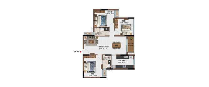 Casagrand Reva Pallavaram - Floor plan 3 BHK 1311 Sq.ft