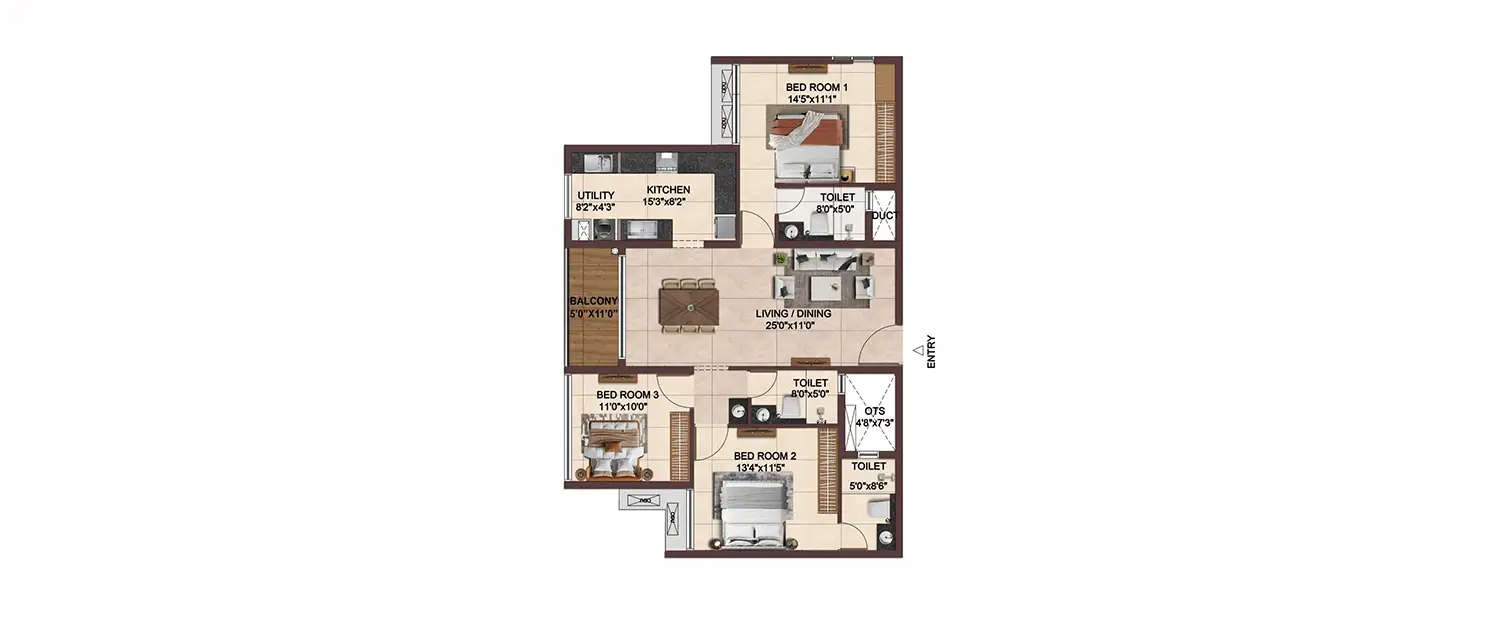 Floor plan for 3 BHK