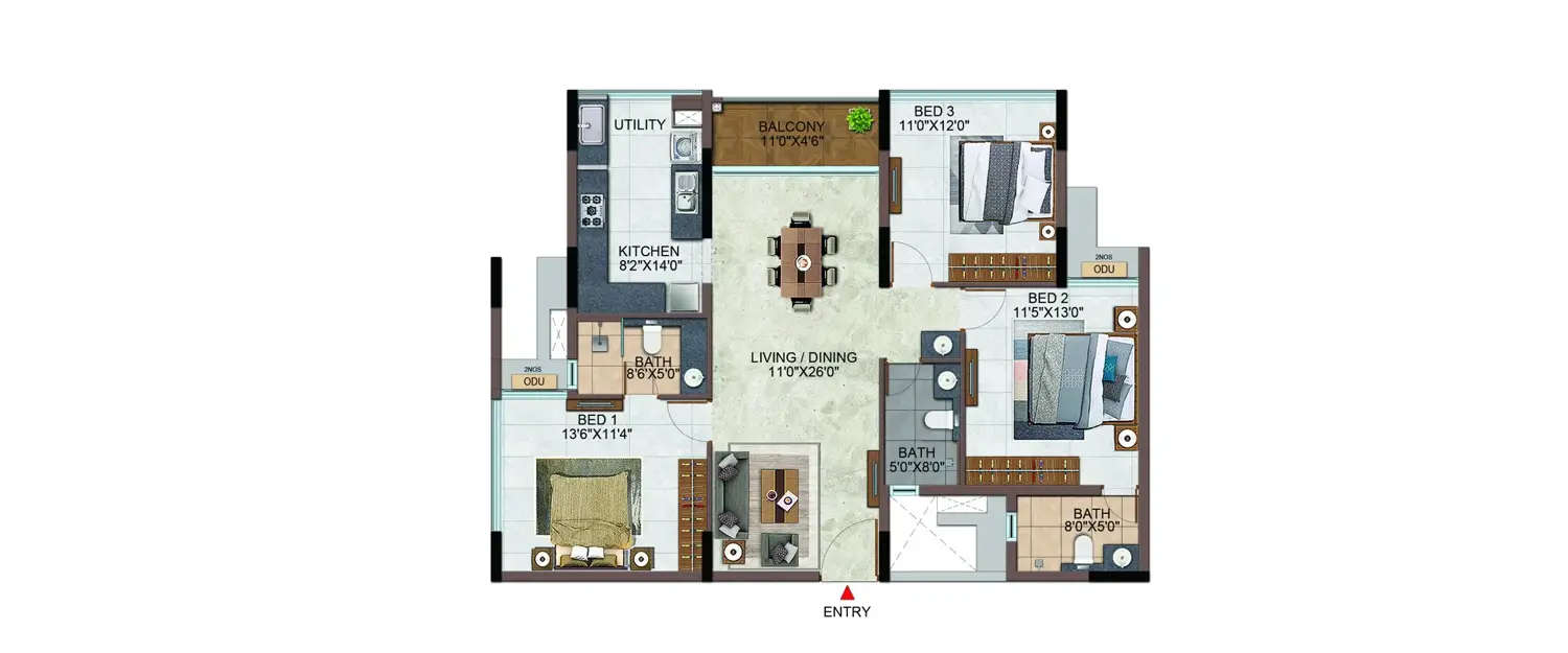 Floor plan for 3 BHK
