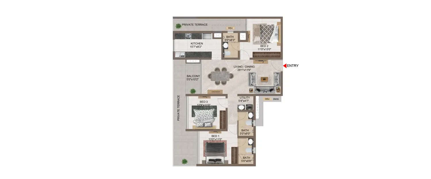 Floor plan for 3 BHK