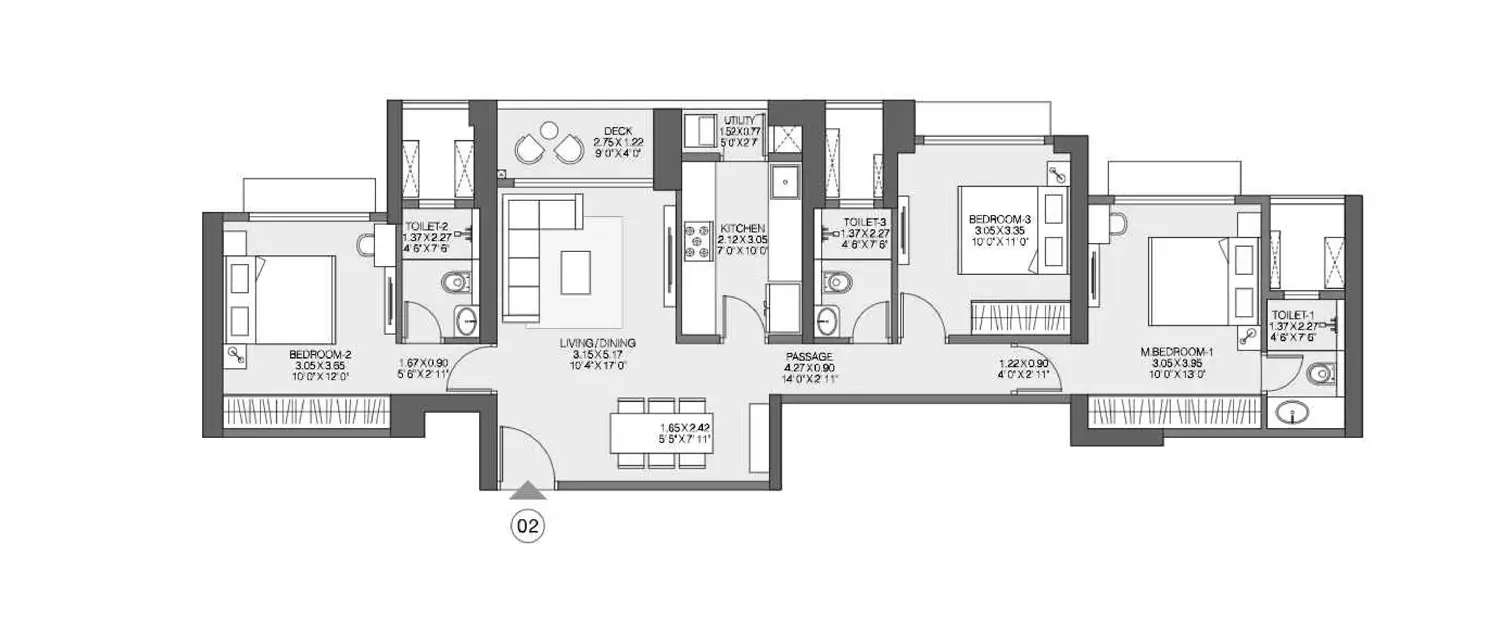 Floor plan for 3 BHK