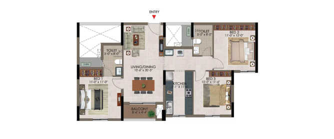 Casagrand Athens Mogappair - Floor plan 3 BHK 1351 Sq.ft