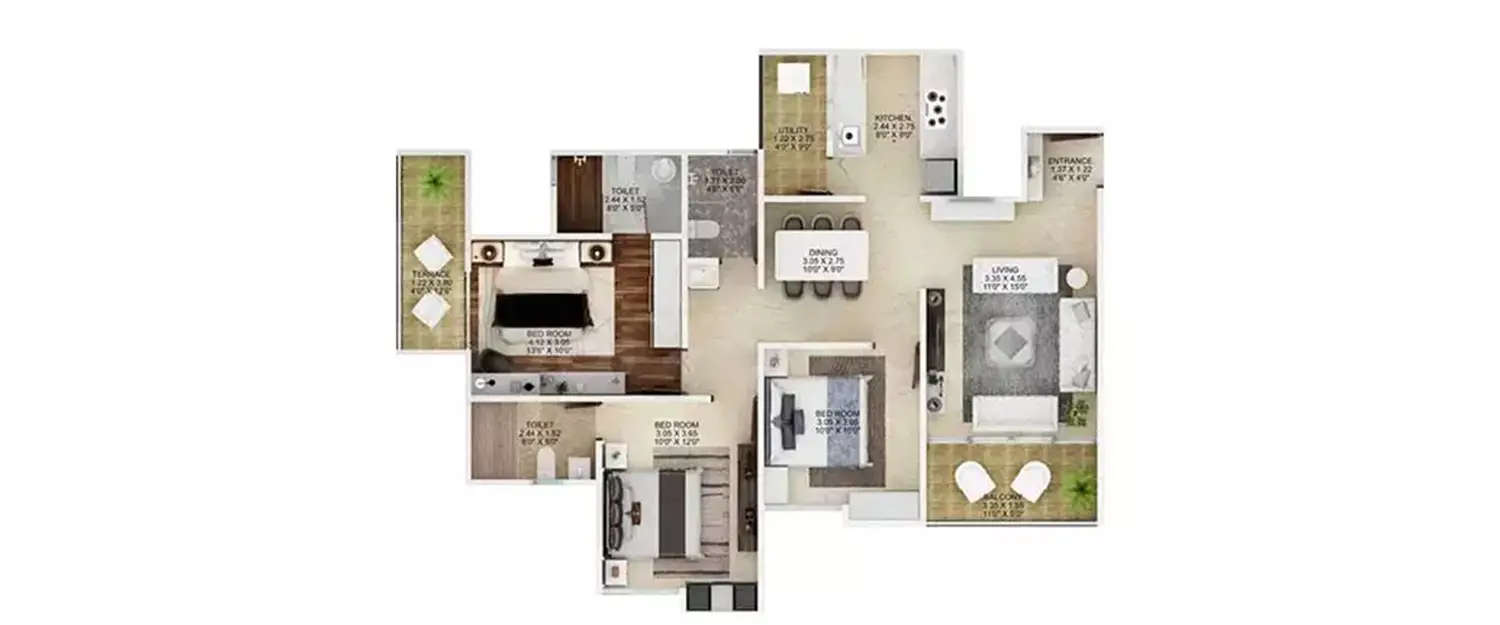 Floor plan for 3 BHK