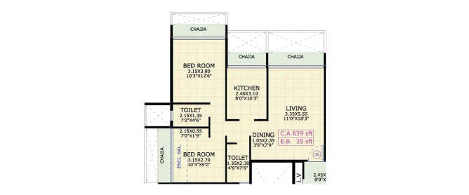 Gami Asters Ghansoli - Floor plan 2 BHK 674 Sq.ft