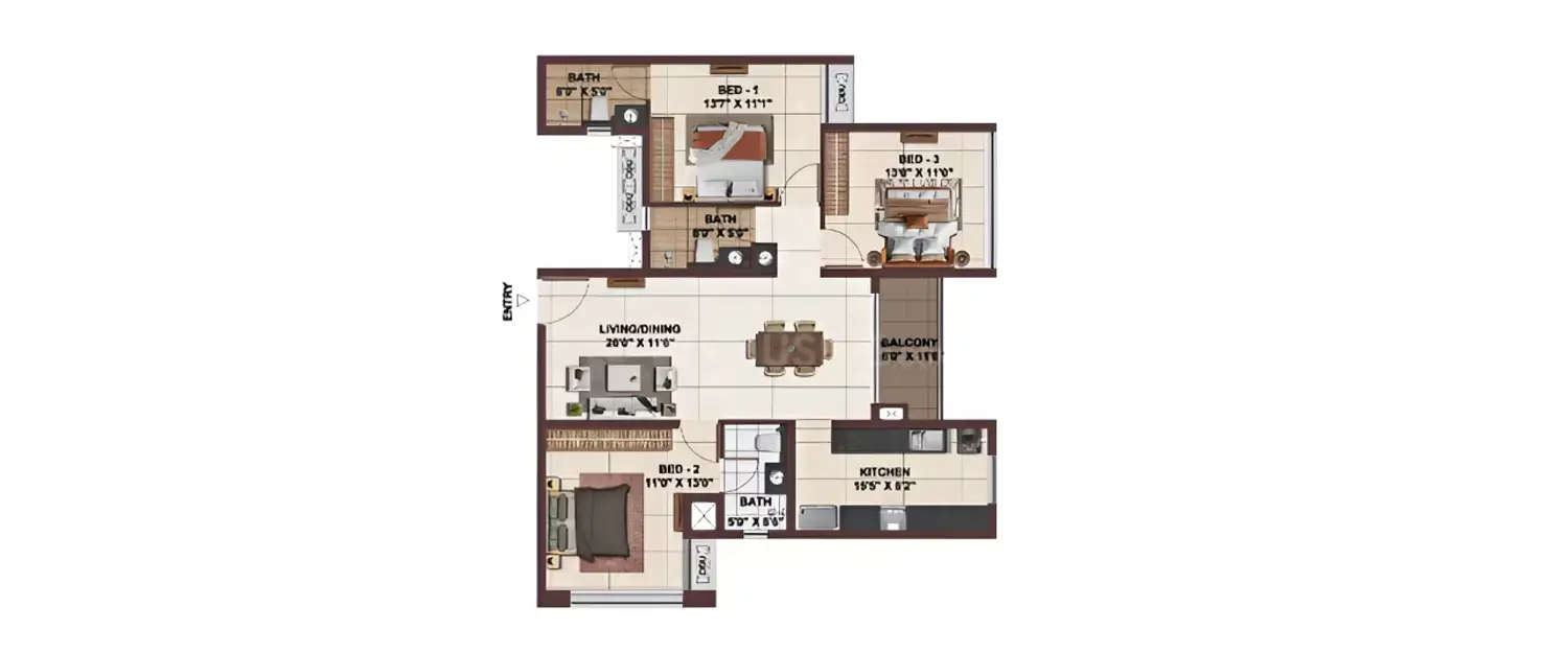 Floor plan for 3 BHK
