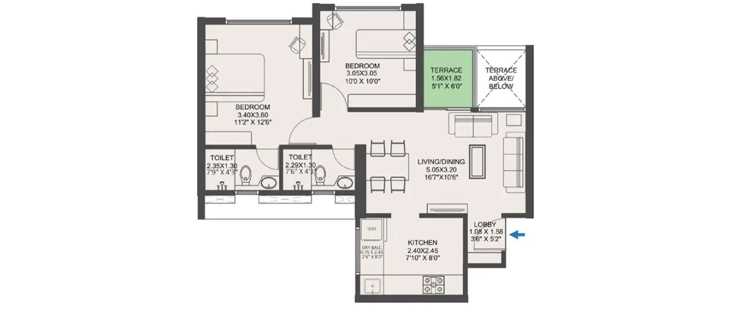 Floor plan for 2 BHK