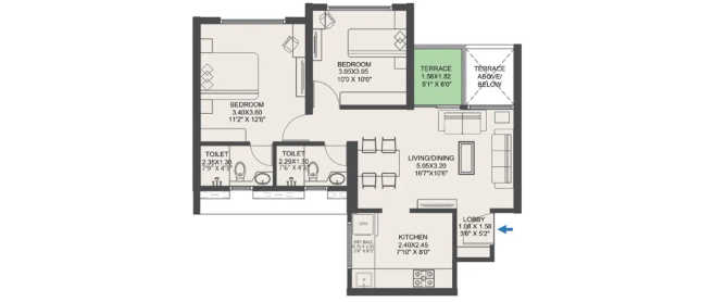 VTP Pegasus Kharadi - Floor plan 2 BHK 667 Sq.ft