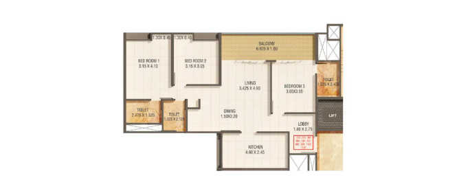 Kumar Pratham Moshi - Floor plan 3 BHK 812 Sq.ft