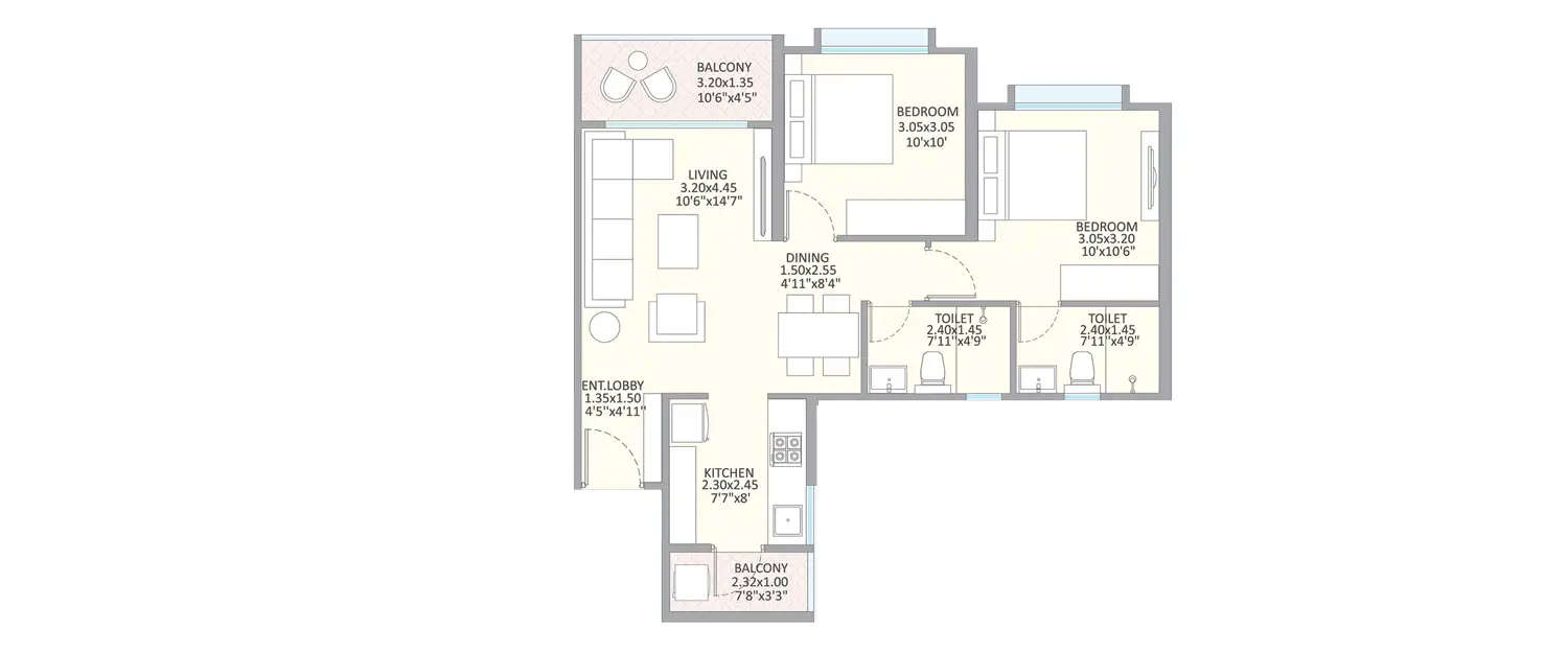 Floor plan for 2 BHK