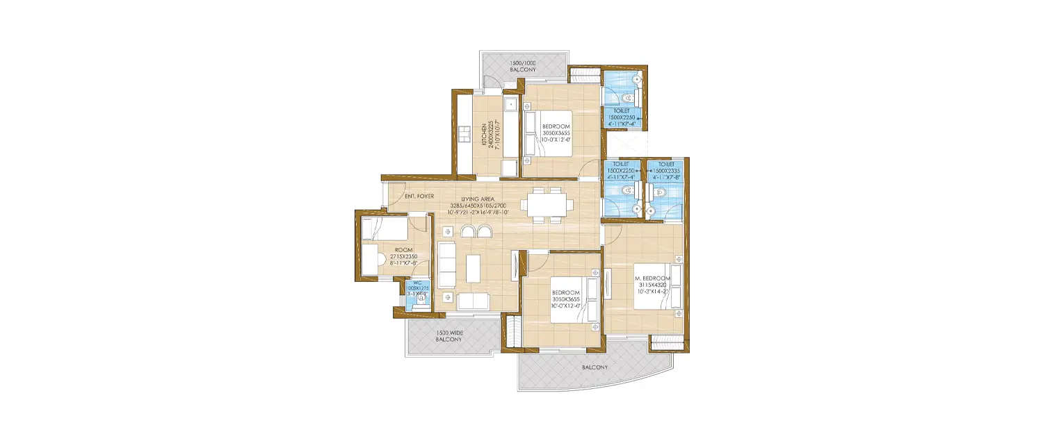 Floor plan for 3 BHK