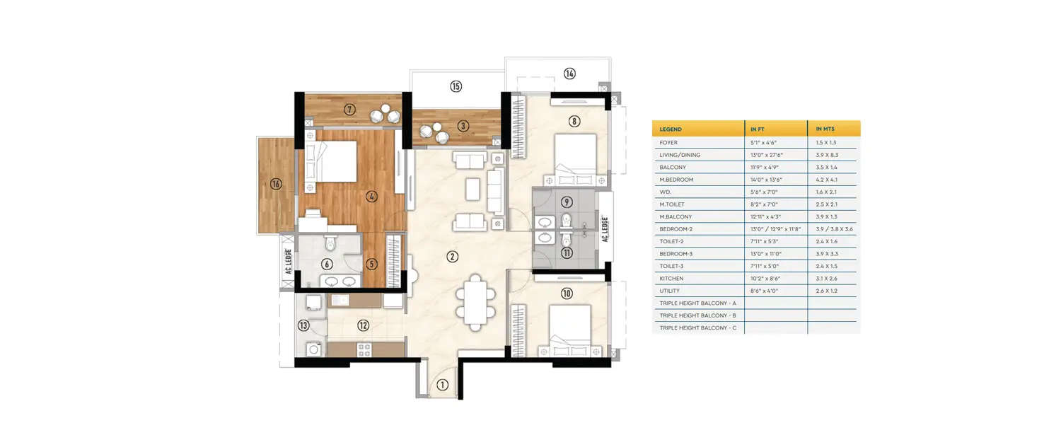 Floor plan for 3 BHK
