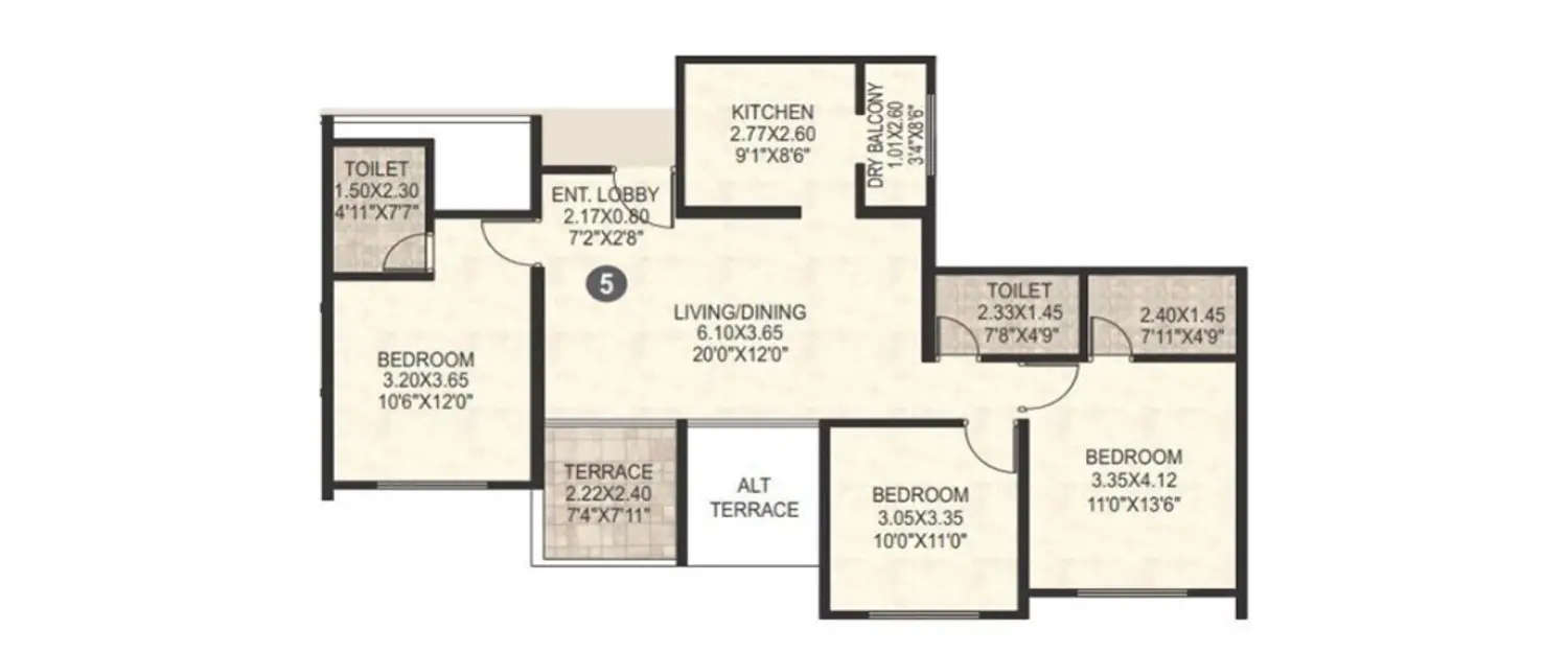 Floor plan for 3 BHK