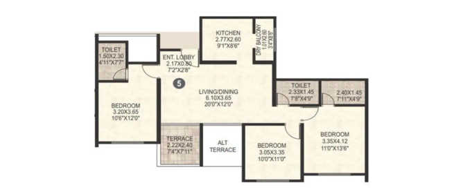 VTP Leonara Mahalunge - Floor plan 3 BHK 1005 Sq.ft