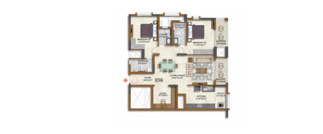 Prestige Waterford Whitefield - Floor plan 2.5 BHK 1114 Sq.ft