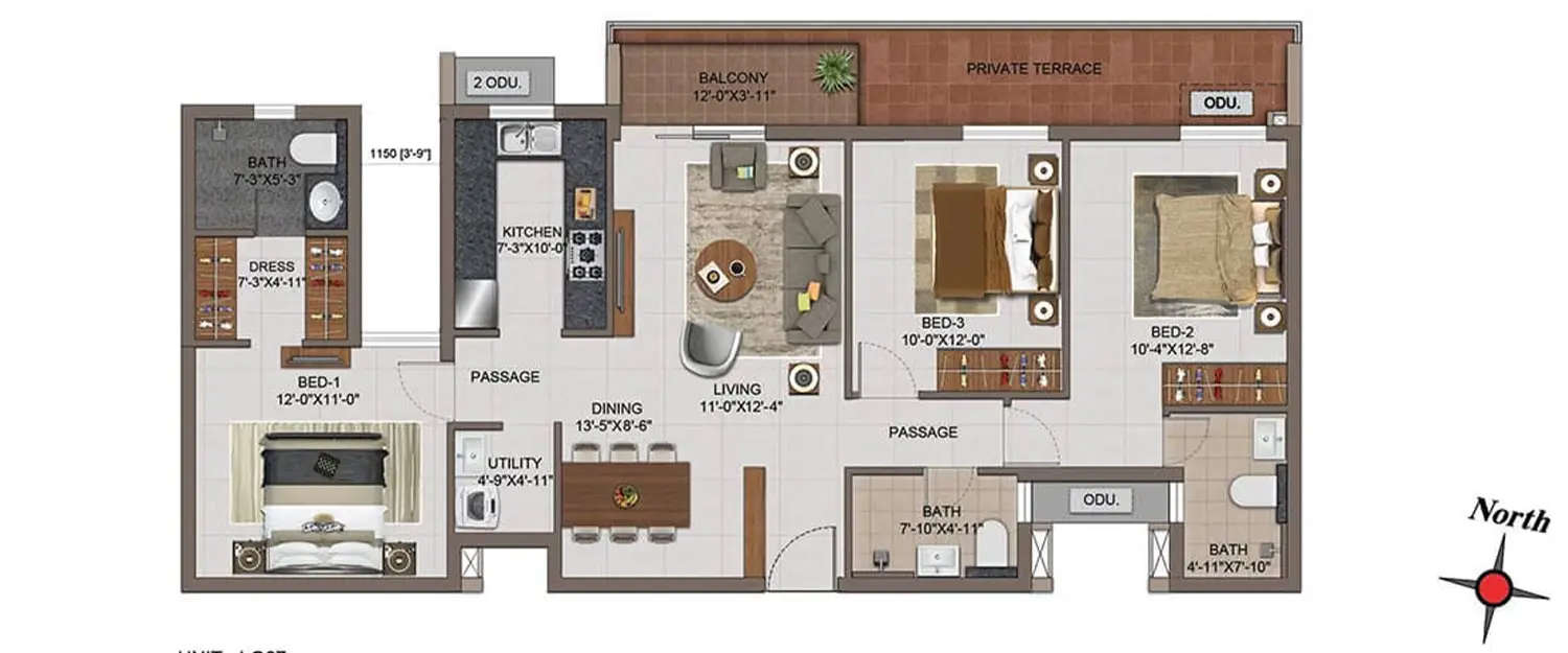 Floor plan for 3 BHK