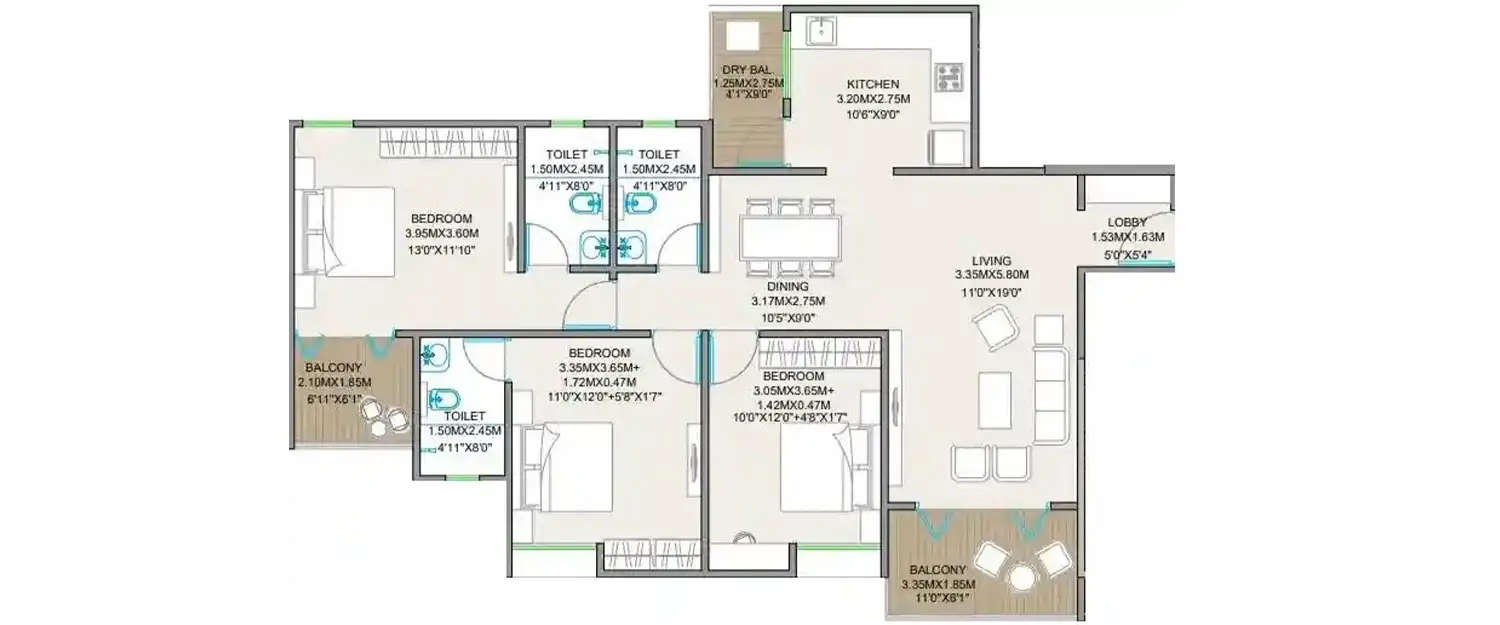 Floor plan for 3 BHK