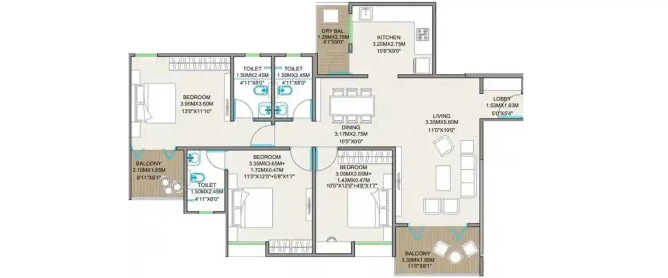 Majestique Ephelia Kondhwa - Floor plan 3 BHK 1047 Sq.ft