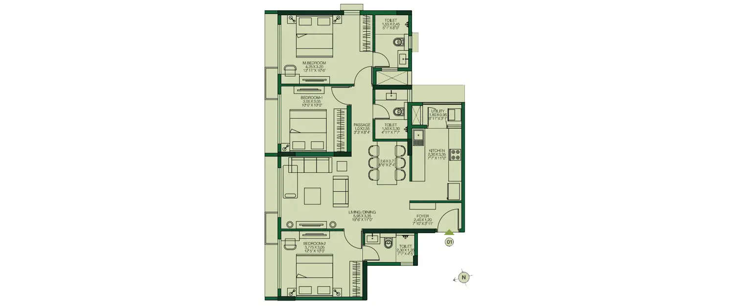 Floor plan for 3 BHK