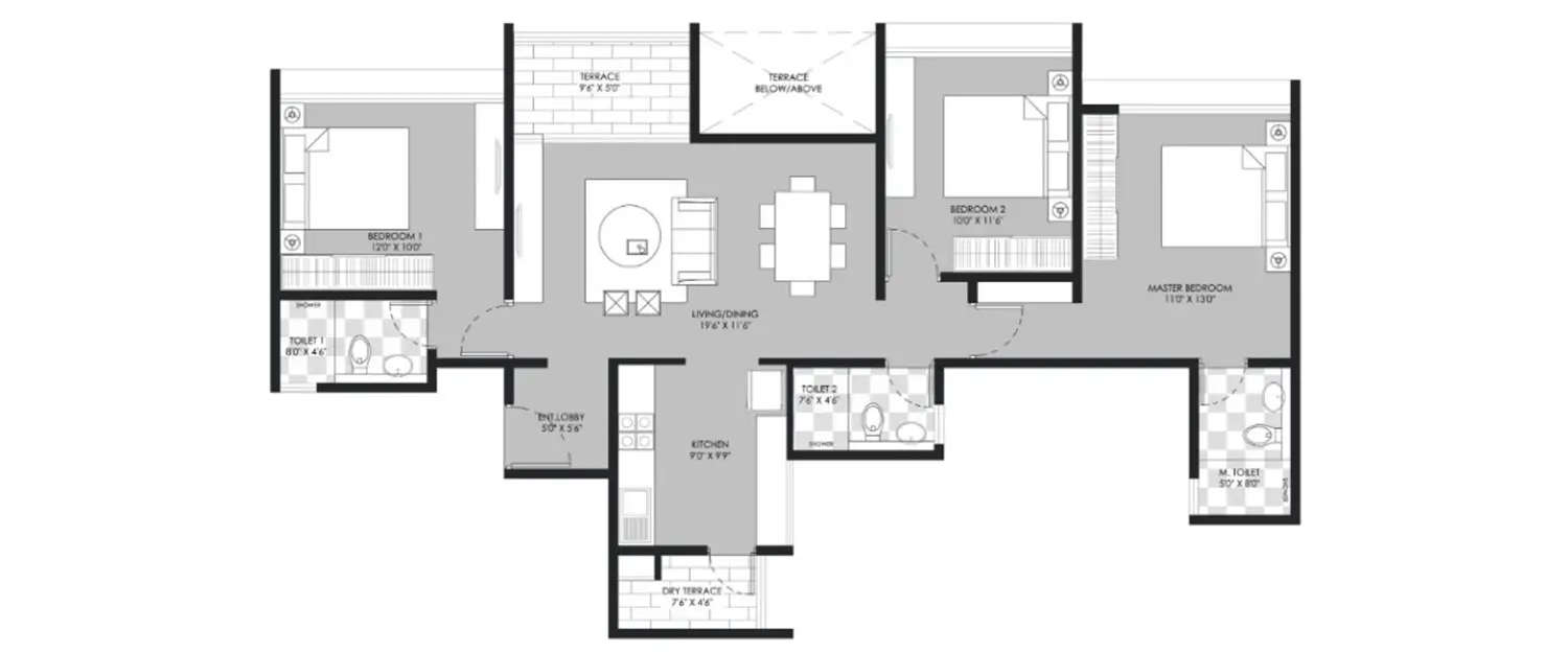 Floor plan for 3 BHK
